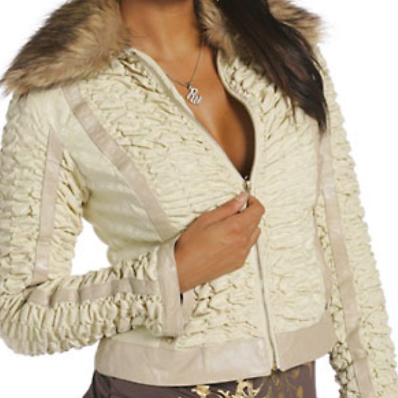 - NWT Rocawear Y2K Leather Trim Fur Collar Trim PRINT Ruched JaCKET M - Picture 1 of 17